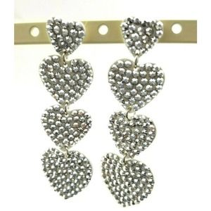 Heart Dangle Earrings Silver Beads 3.5" Drop